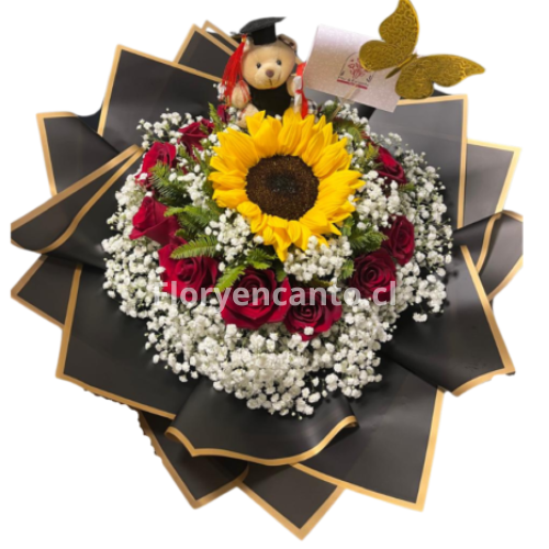 Amor y Alegría Ramo de Rosas con Girasol y Peluche