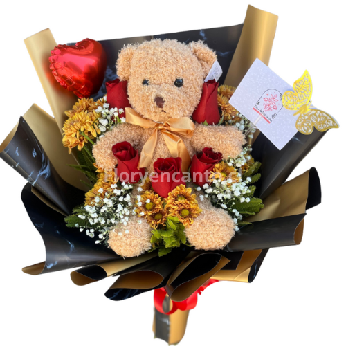 Ramo de 5 Rosas Rojas con Peluche Un Abrazo Floral