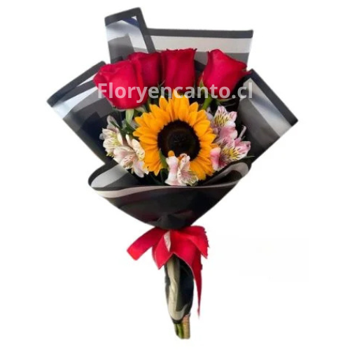 Ramo de 4 Rosas 1 Girasol y Astromelia