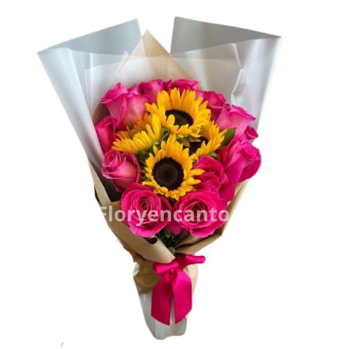 Bouquet Vibrante de 12 Rosas Fucsias y 4 Girasoles
