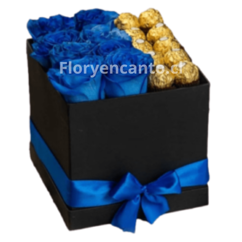 Box de 8 Rosas Azules y Chocolates ferreros