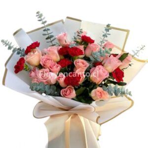 Ramo de 20 Rosas Rosadas y Claveles Rojos Eterno Encanto